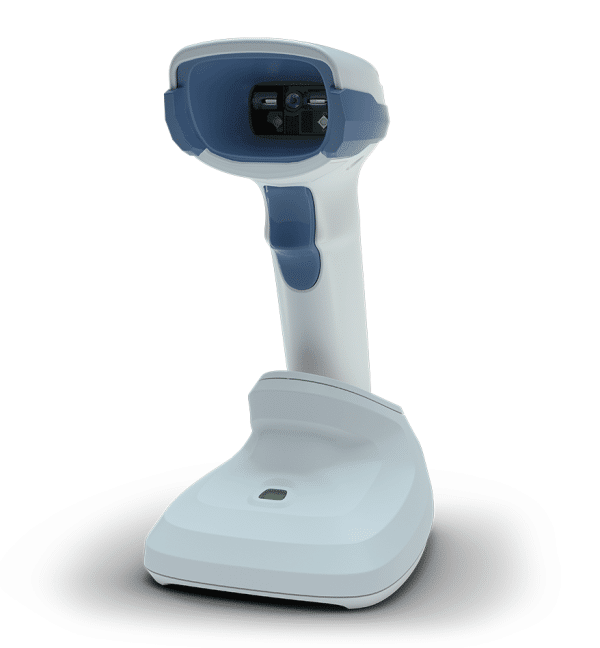 Le Scanner Zebra DS2200 blanc et bleu posé sur son socle chargeur: lecture avancée 1D/2D, connectivité flexible, bon rapport qualité prix