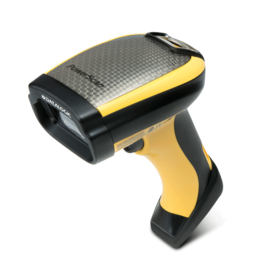 Scanner Datalogic Powerscan 9500 jaune et noir, poignée ergonomique pour bonne prise en main, solide et batterie longue duree