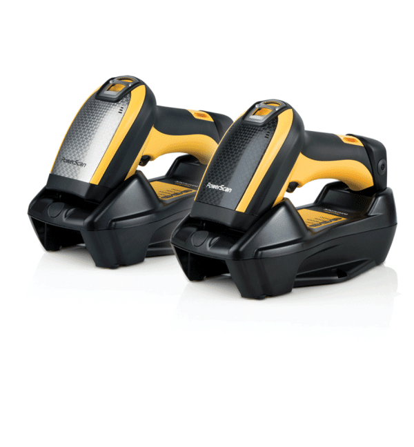Scanner Datalogic Powerscan 9500 jaune et noir sur le socle de chargeur, solide et batterie longue duree