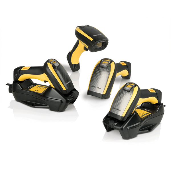 La gamme de la serie de scanner datalogic powerscan 9500, jaunes et noir avec support batterie et présentés sous différents angles
