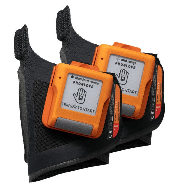 Deux bagues scanner proglove mark display orange et accessoire mitaine ergonomique noire. standard et mid range