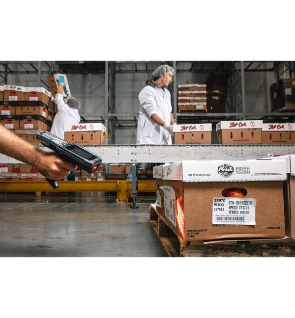Un opérateur scanne un code barre sur un carton de produits alimentaires dans un entrepôt de préparation de commandes.