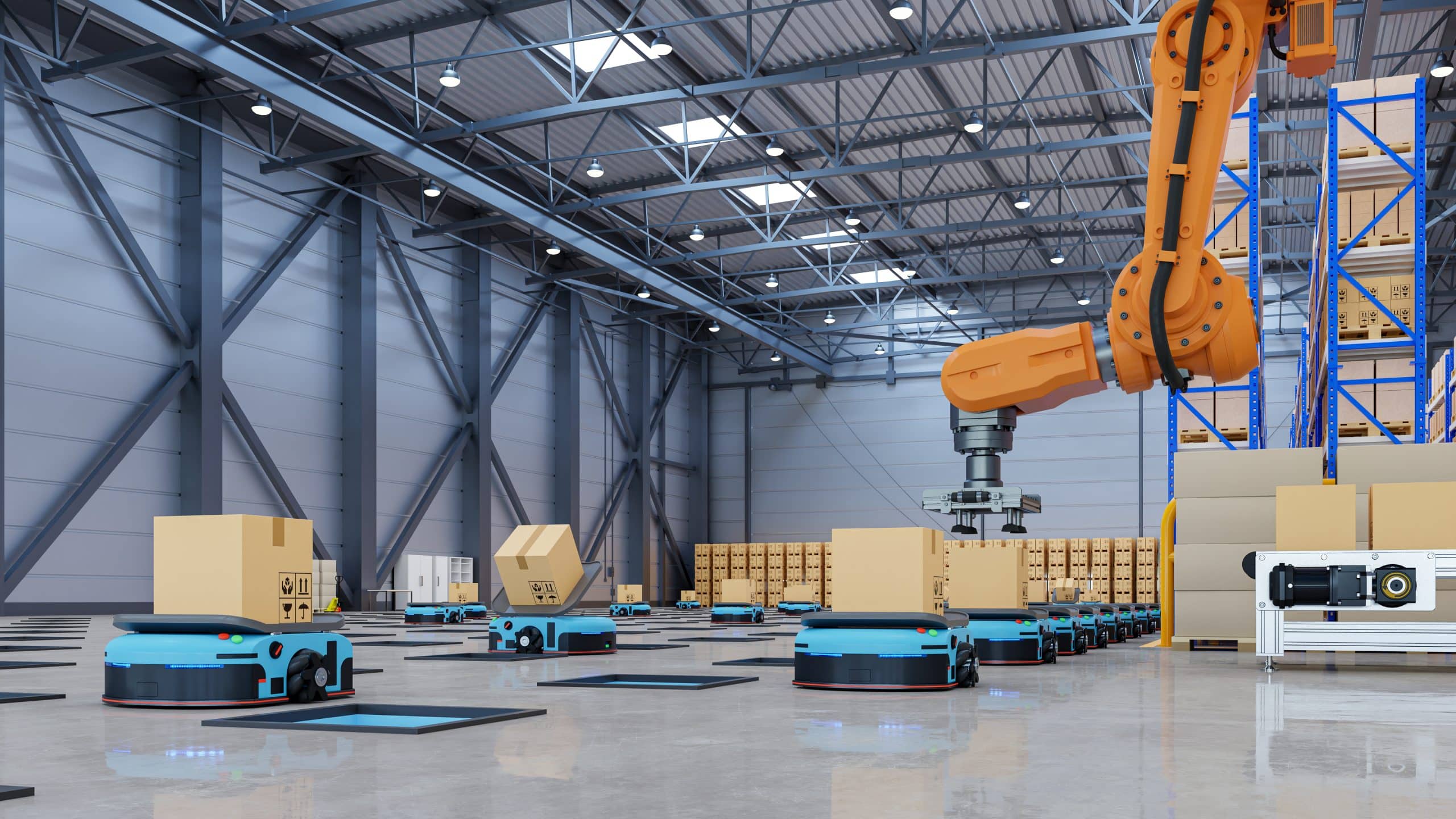 automatisation production robots dans un entrepôt qui portent des cartons pour les ranger dans des étagères remplies de cartons