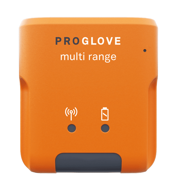 une bague scanner proglove mark display orange niveau batterie et connectivité et bouton trigger gris.