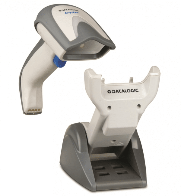 Scanner Datalogic Gryphon 4200 photo du scanner blanc vue de face avec son support