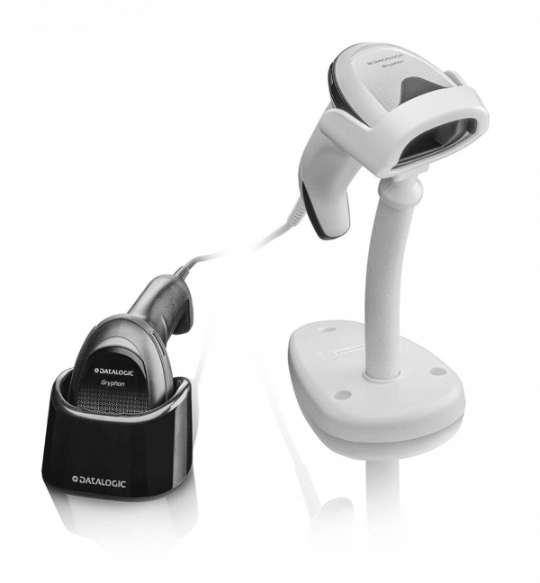 Scanner Gryphon 4500 Datalogic photo de deux scanner, un blanc sur un support en hauteur et un noir sur un support bas