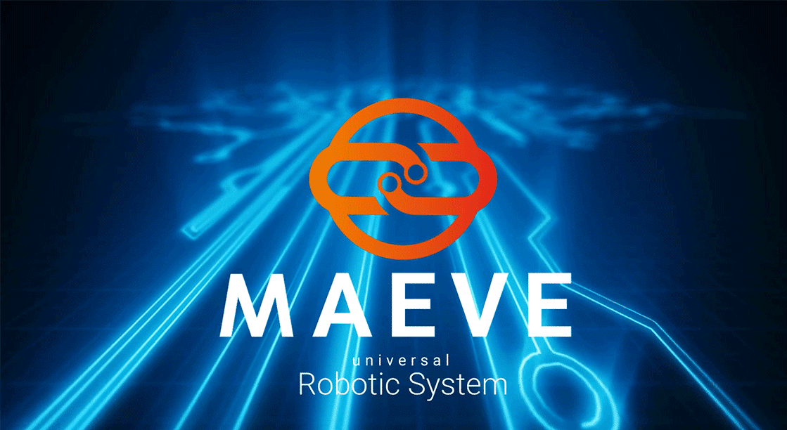 Image fond bleu technologie avec logo orange Maeve Universal Robotic System OMS RMS