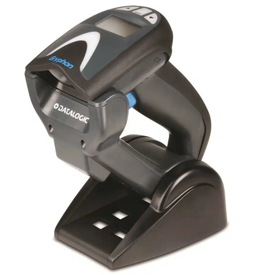 Scanner Datalogic Gryphon 4200 sans fil sur sa base.