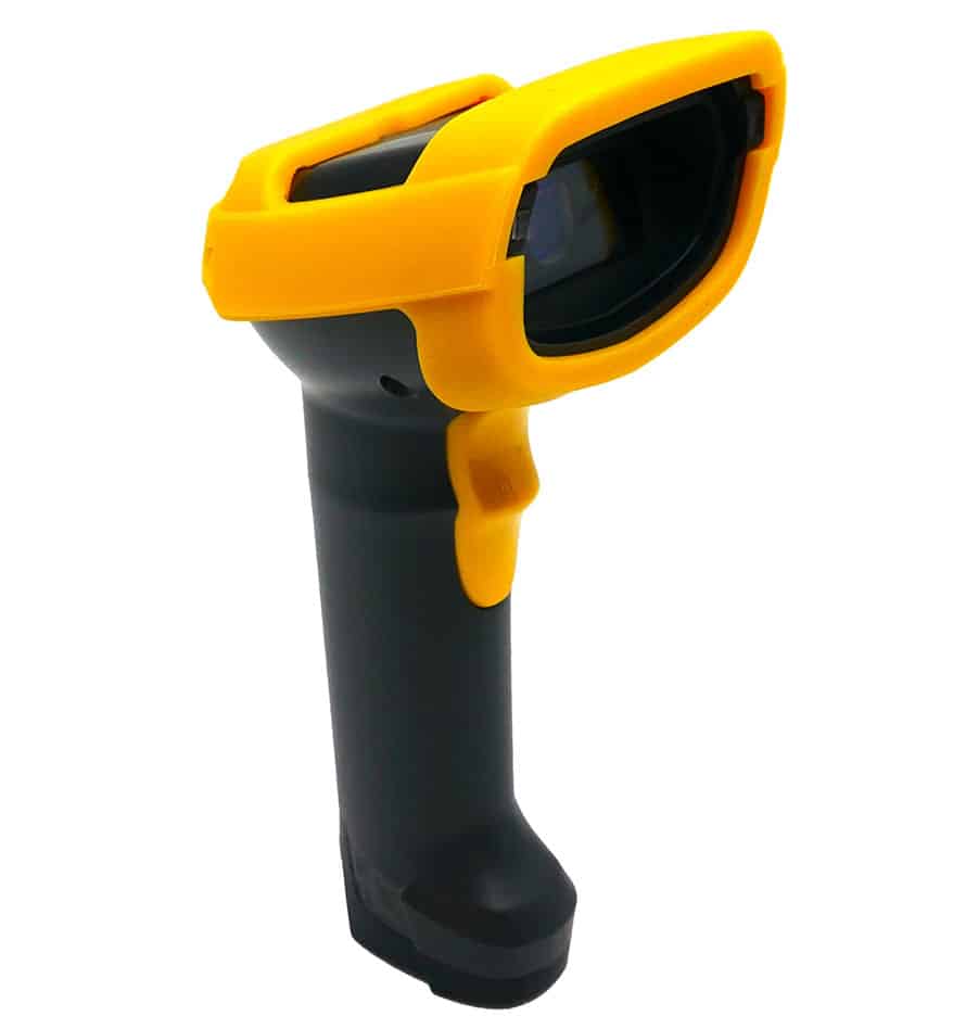 Scanner Unitech MS852LR longue portée, jaune et noir.