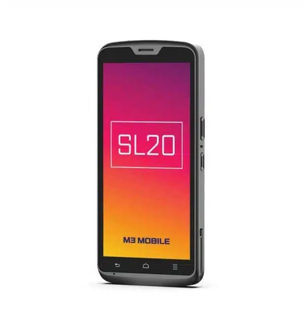 Terminal mobile M3 SL20 affichant l'écran d'accueil coloré.