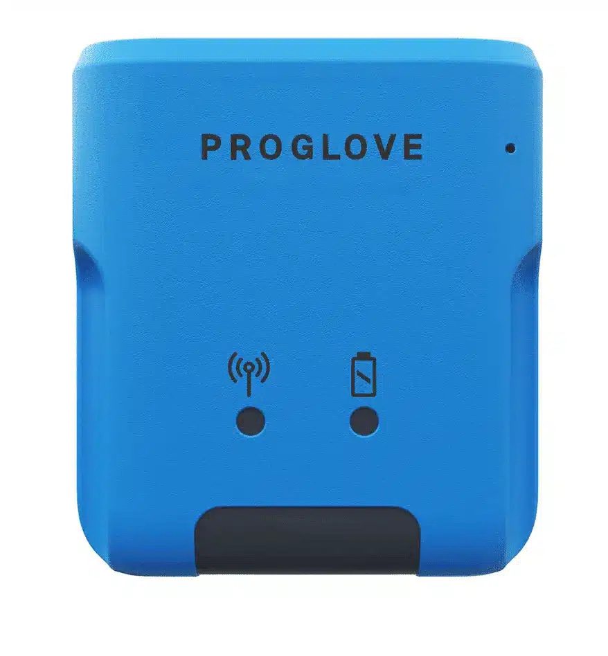 Scanner mains-libres Proglove LEO bleu avec icônes de batterie et de connectivité.