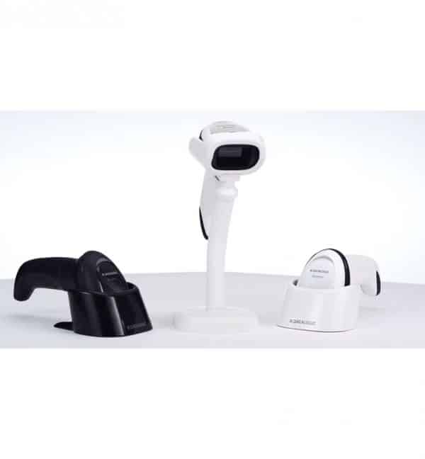 Scanner Datalogic Gryphon Série 4500 avec ses supports noir et blanc.