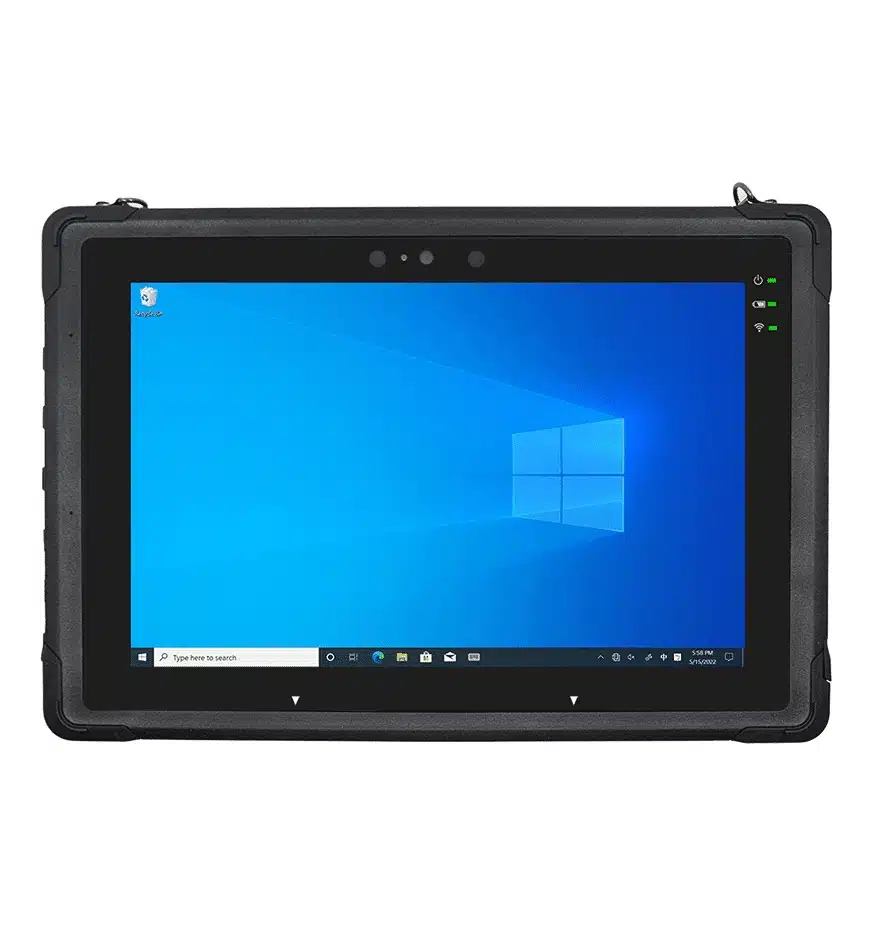 Tablette Unitech TB170 robuste avec Windows, écran bleu et icônes d'applications.