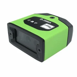 Scanner fixe Zebra FS10 vert. L'étiquette indique "TRIG".
