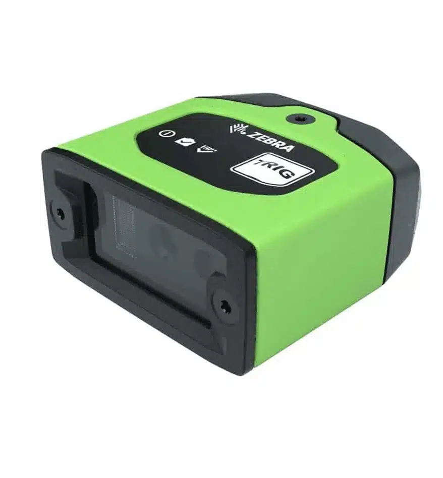 Scanner fixe Zebra FS10 vert. L'étiquette indique "TRIG".