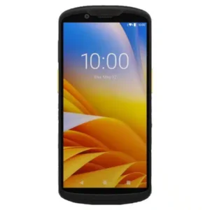 Terminal mobile Zebra TC53/58 affichant l'heure 10:00, écran jaune et blanc.