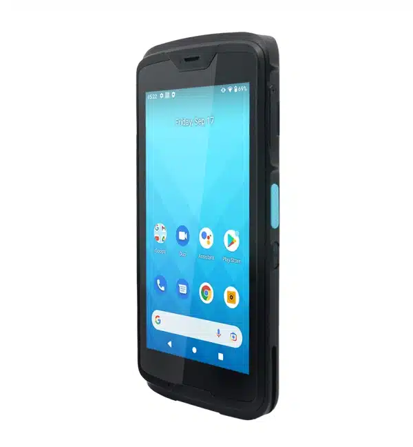 Terminal mobile Unitech EA520 avec écran affichant la date et des icônes d'applications.