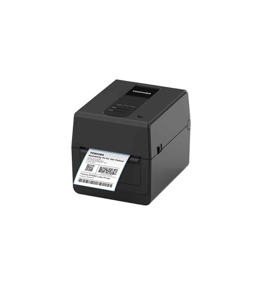 Imprimante de bureau Toshiba BV420D noire imprimant une étiquette.