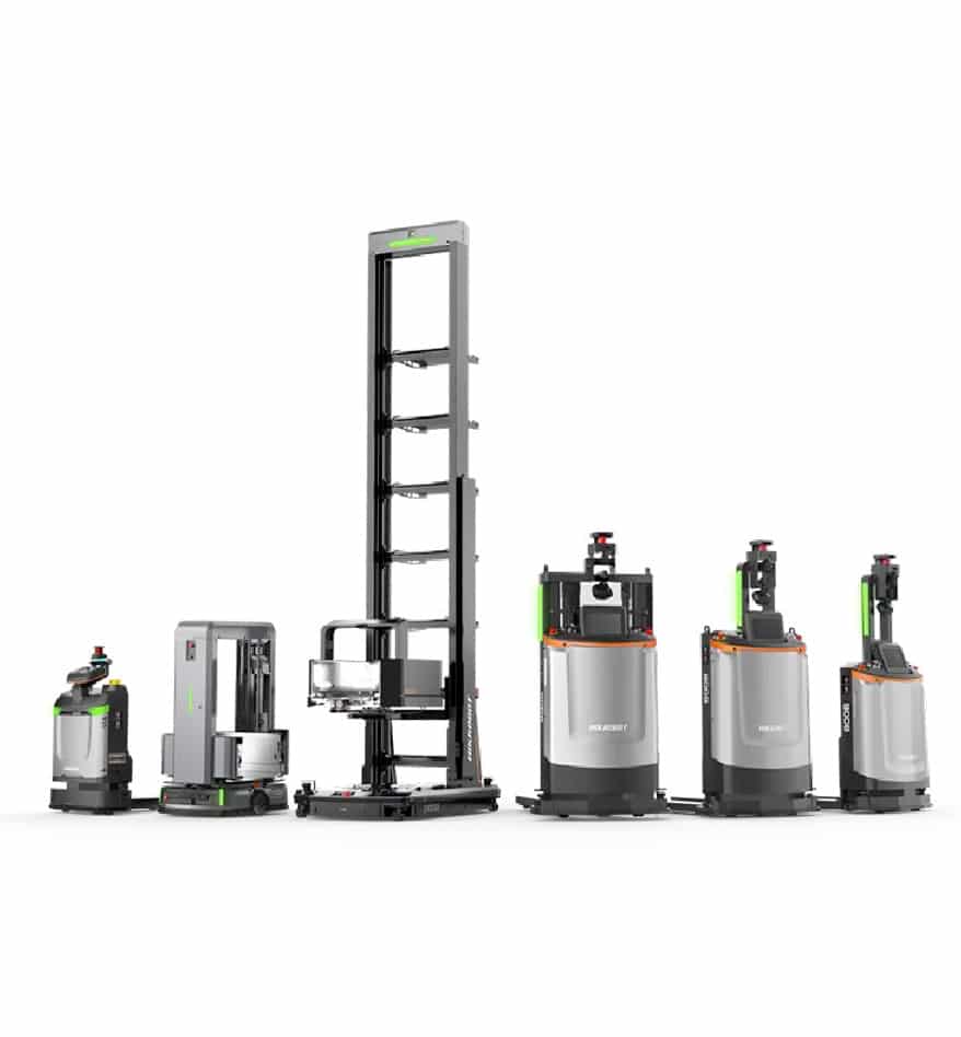 Gamme de robots FMR HIKRobot, incluant chariots élévateurs et robots mobiles autonomes.