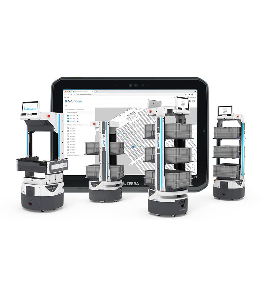 Robot AMR Zebra Flex avec tablettes montrant l'interface FlexCore. Solutions d'automatisation pour l'entreposage.