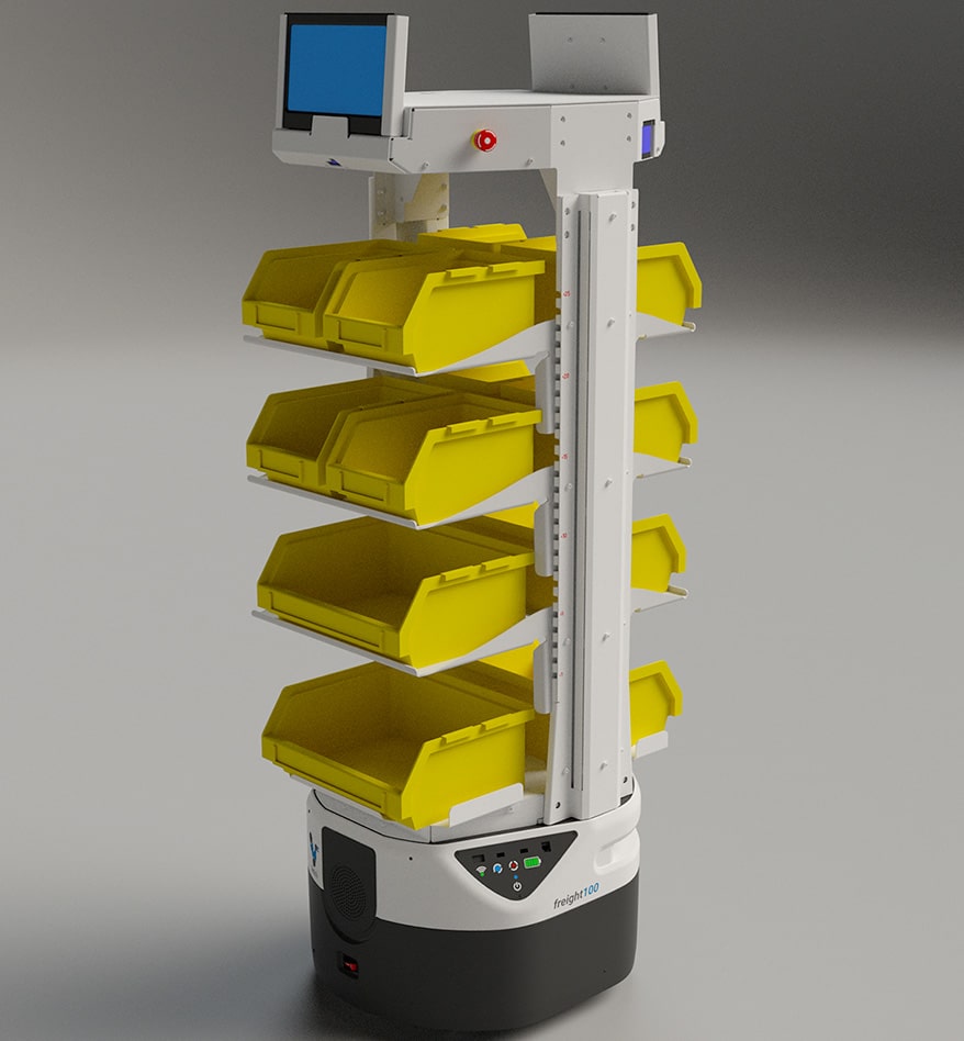 Robot AMR Zebra Flex avec étagères de rangement jaunes et écran.