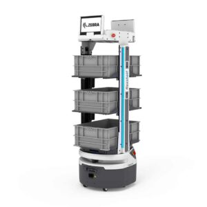Robot AMR Zebra Flex avec étagères et bacs gris pour entrepôt.