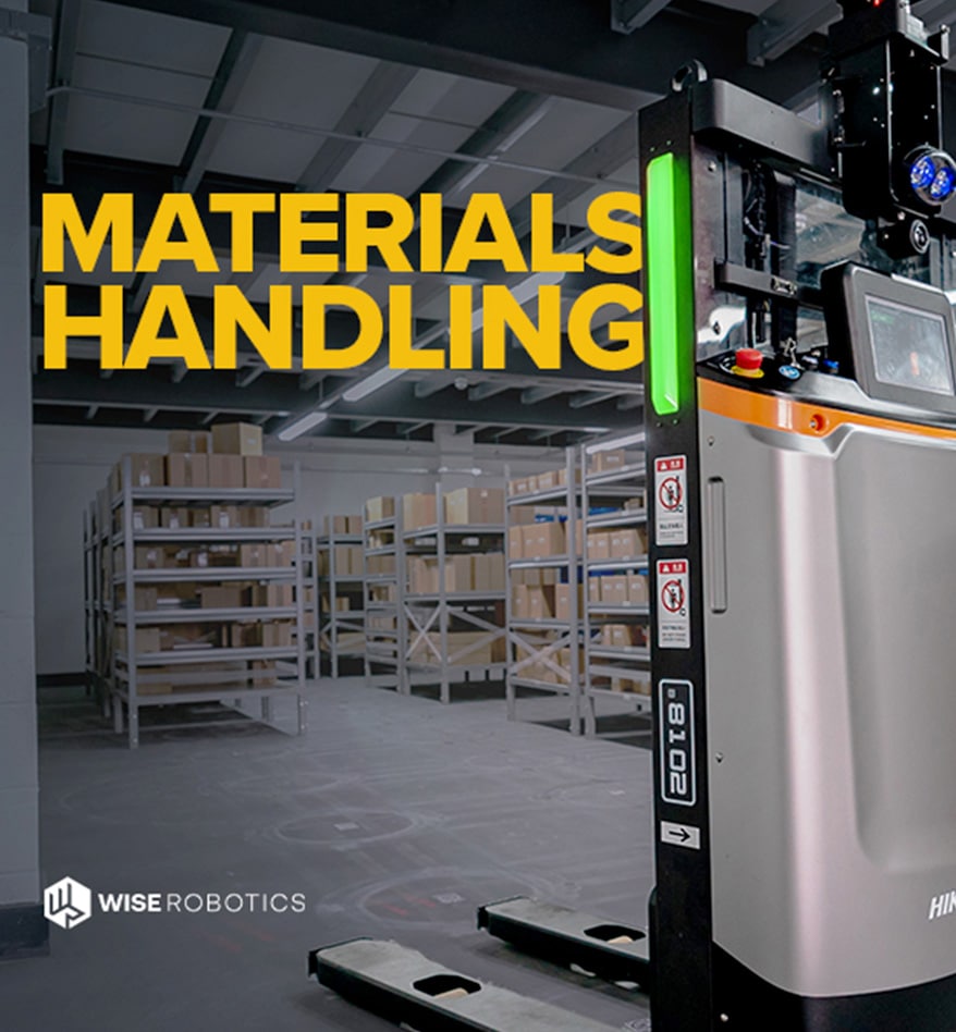 Robot FMR HIKRobot manipulant des matériaux dans un entrepôt. Solutions d'automatisation Wise Robotics.