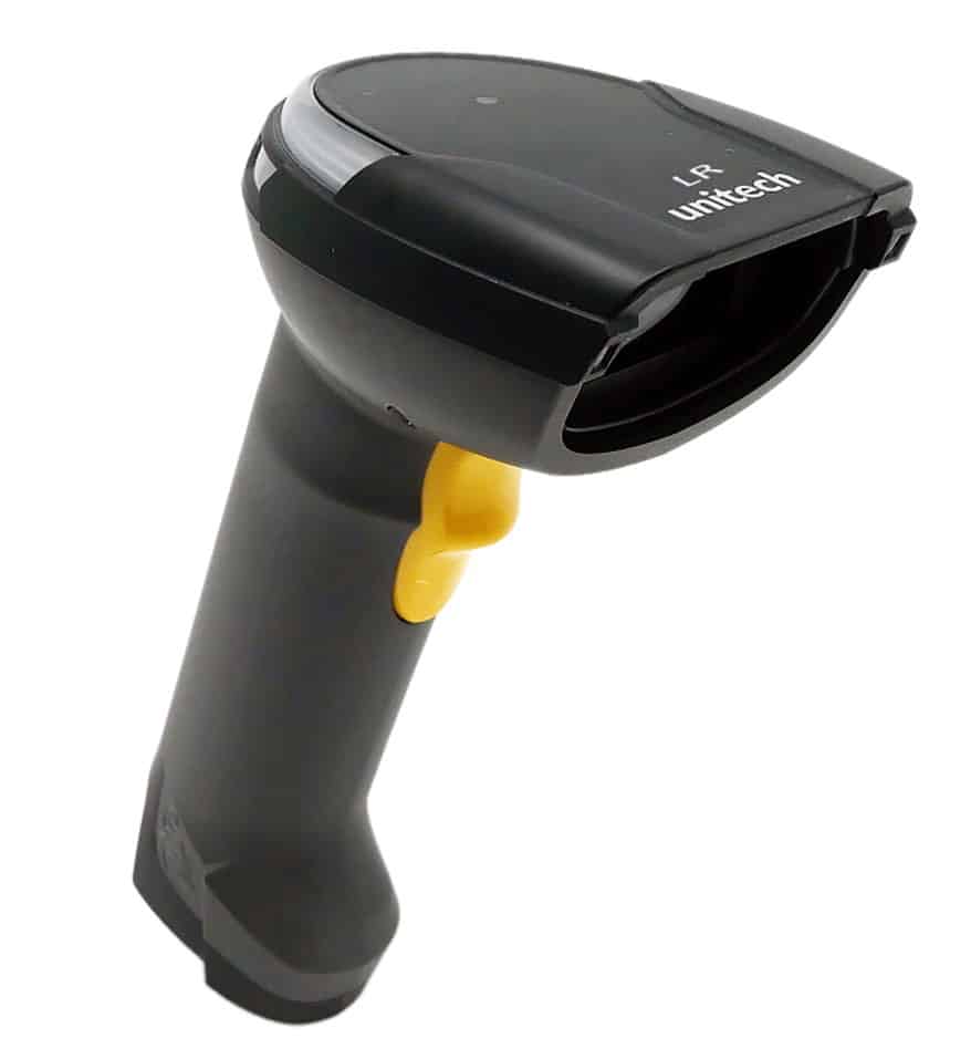 Scanner Unitech MS852LR noir avec bouton jaune. Appareil de lecture de codes-barres.