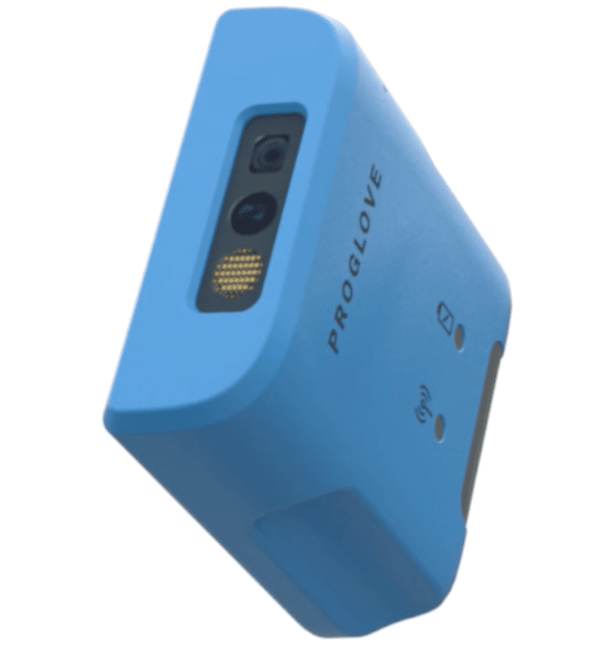 Scanner LEO Proglove bleu, un lecteur de codes-barres mains-libres compact.