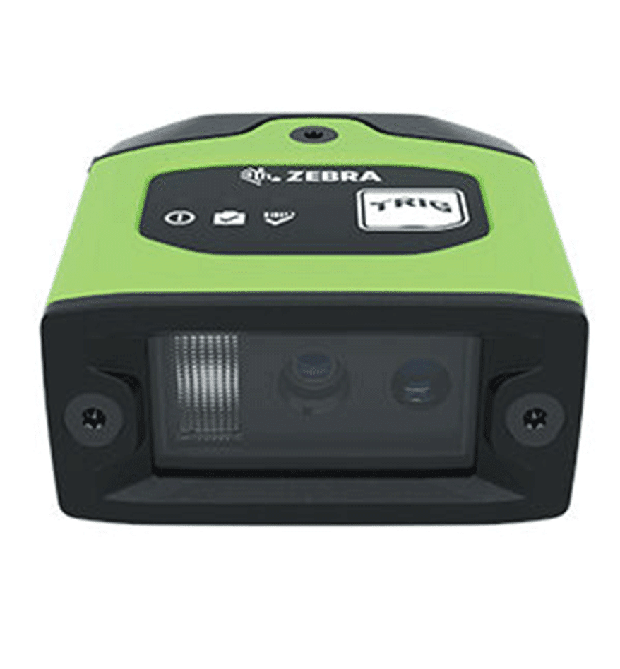 Scanner fixe FS10 Zebra, appareil de lecture de codes-barres vert et noir.