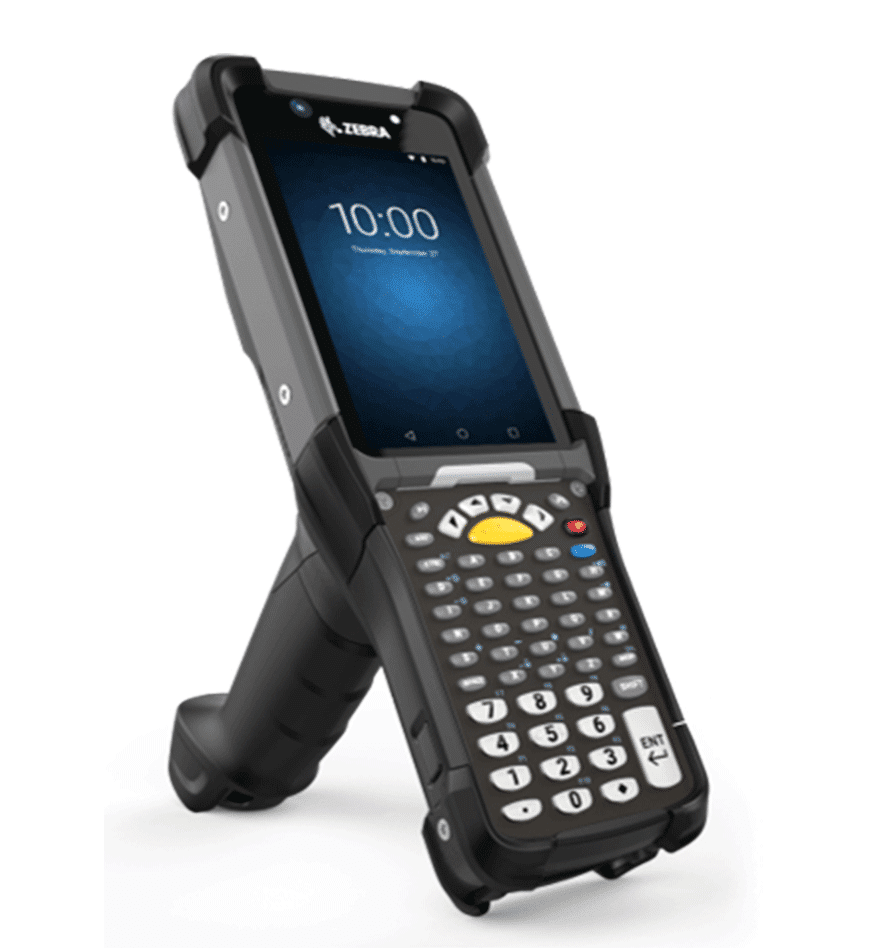 Terminal MC9300 Zebra affichant l'heure 10:00, clavier alphanumérique et écran tactile.