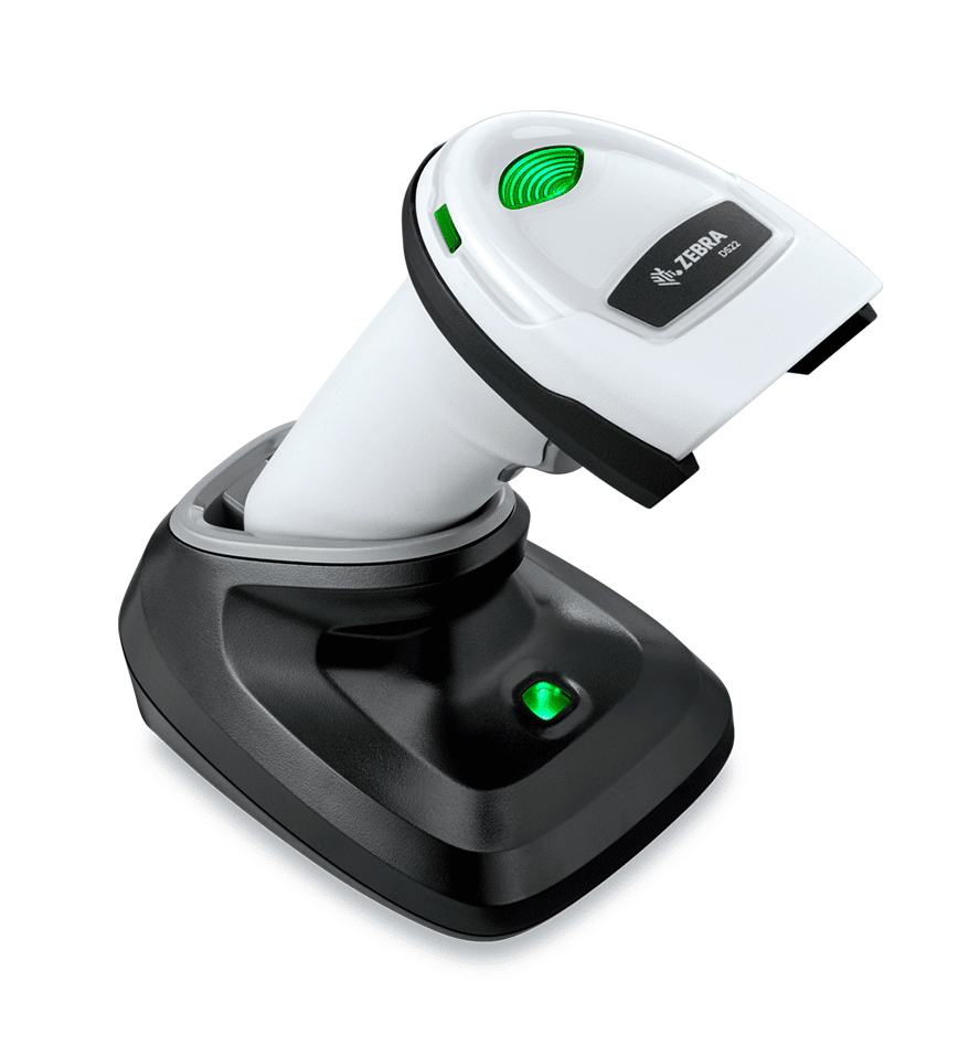 Scanner Zebra DS2200 sur sa base, avec une lumière verte allumée.