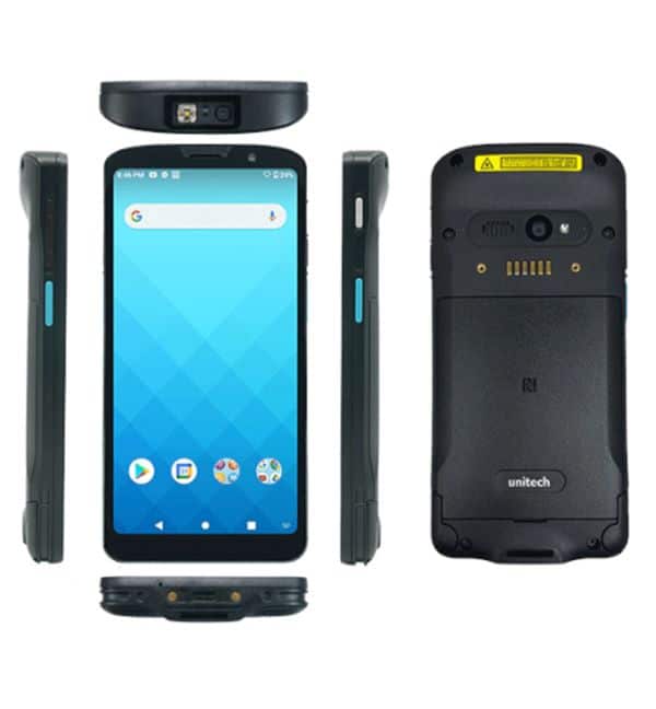 Terminal mobile Unitech EA630 Plus : vue avant, arrière et latérale de l'appareil.