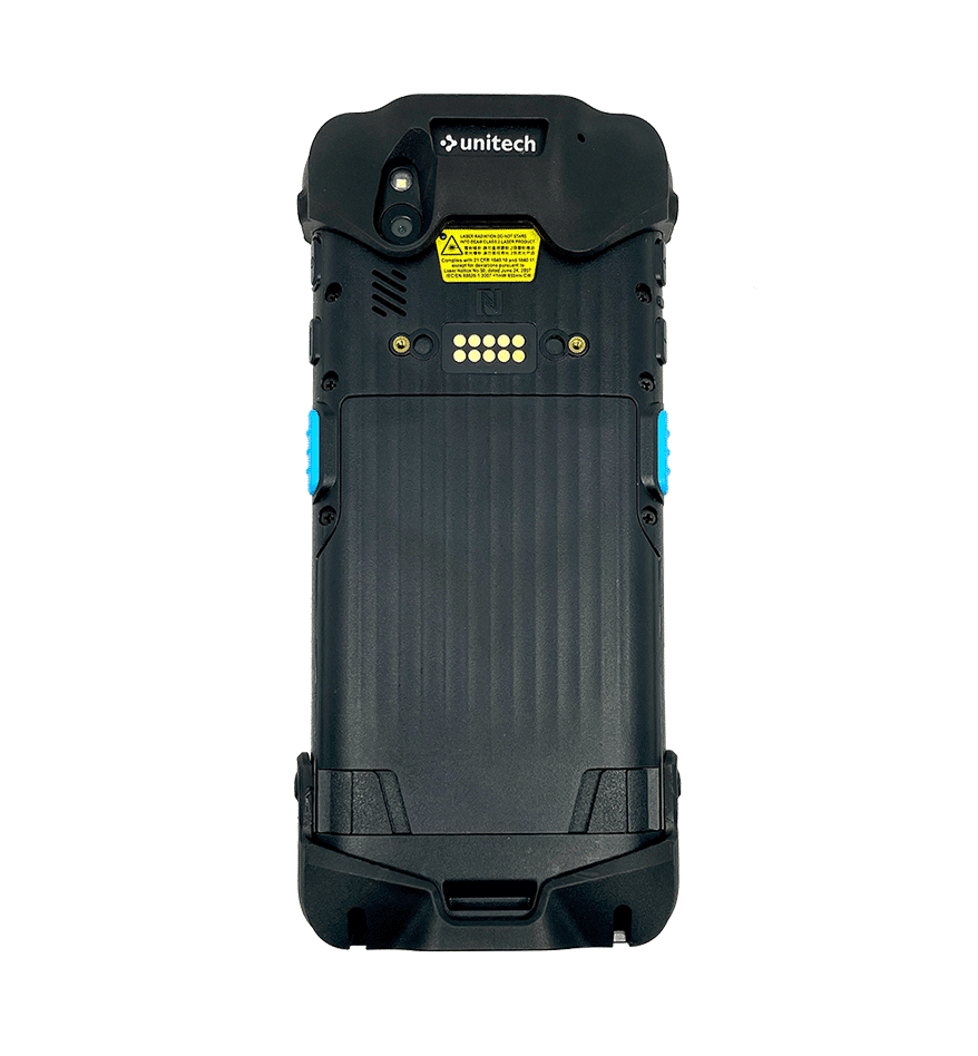 Terminal mobile Unitech PA768 : vue arrière avec batterie et connecteurs.