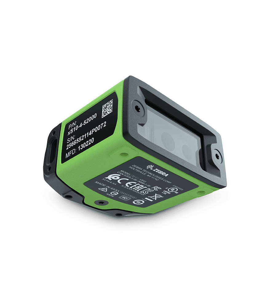 Scanner fixe FS10 Zebra, vue rapprochée. Numéro de série et modèle visibles.