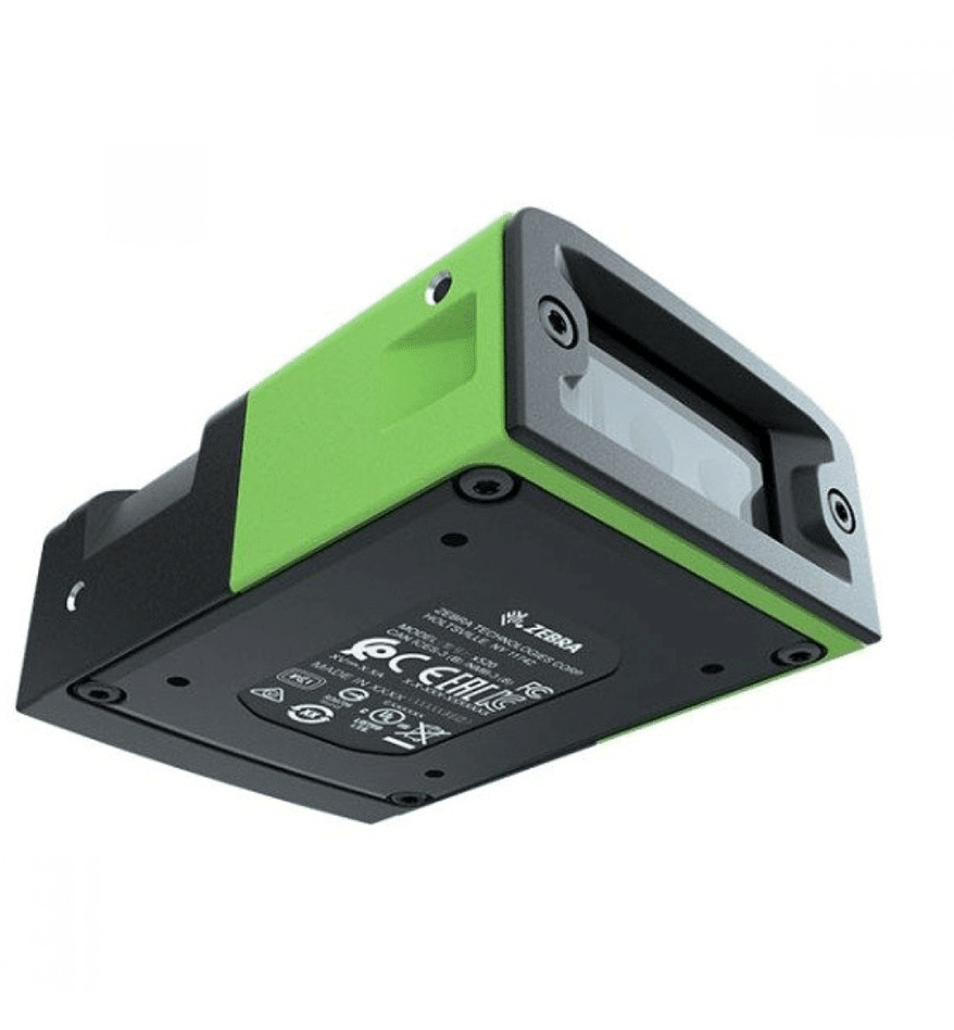 Scanner fixe Zebra FS20, appareil de lecture de codes-barres industriel vert et noir.