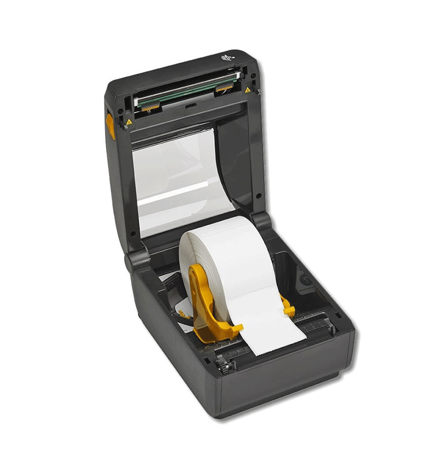 Imprimante de bureau Zebra ZD421T ouverte, montrant le rouleau d'étiquettes.