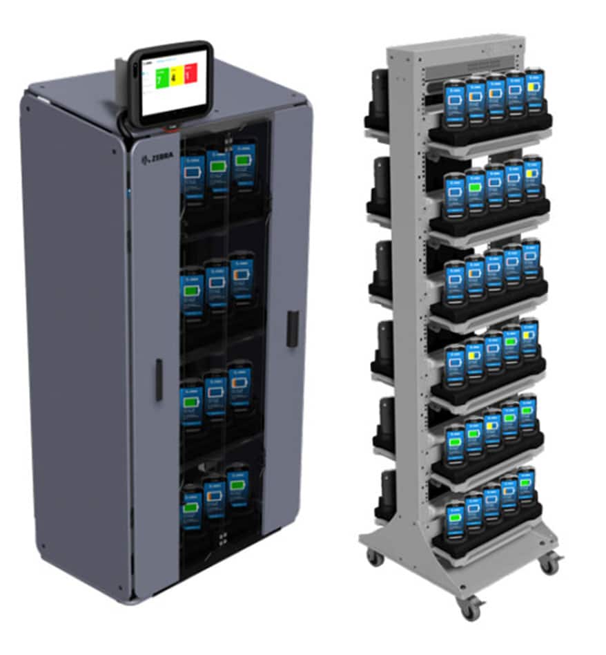 Armoires intelligentes Zebra pour chargement et stockage de téléphones portables.