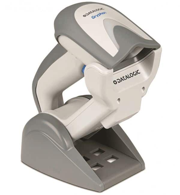 Scanner Datalogic Gryphon 4200 sur son socle gris.