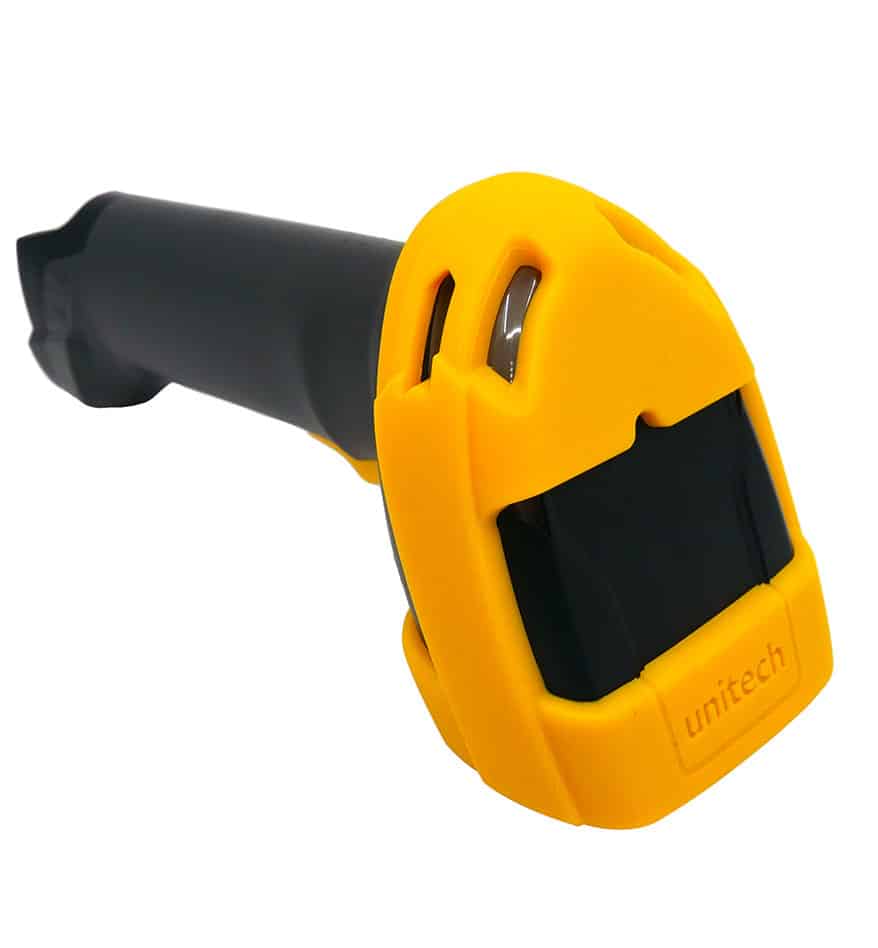 Scanner Unitech MS852LR longue portée avec coque de protection jaune.