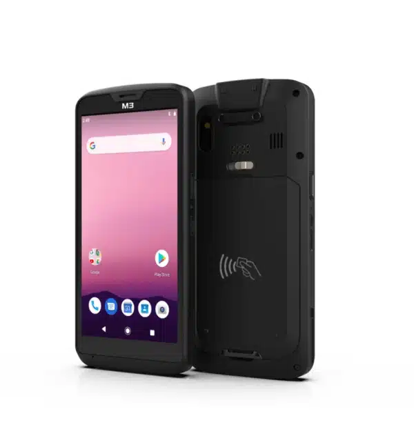 Terminal mobile M3 SL20 noir, vue avant et arrière. Dispositif robuste pour applications professionnelles.
