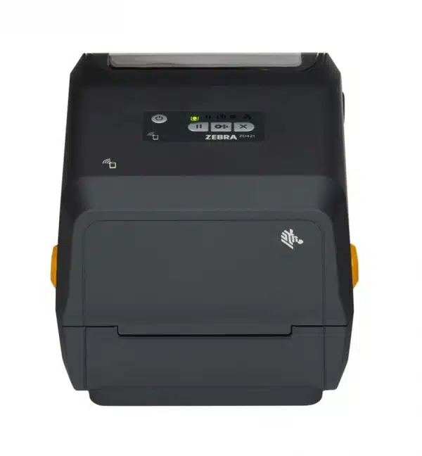 Imprimante de bureau Zebra ZD421T grise avec écran et boutons de contrôle.