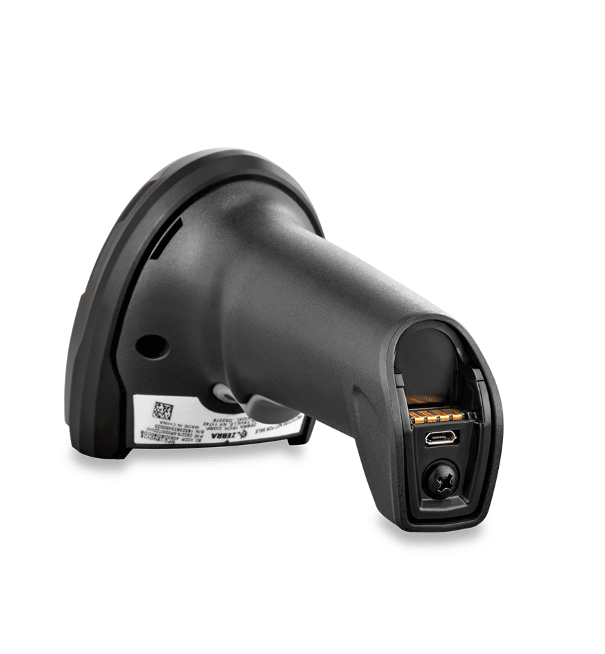 Scanner Zebra DS2200 noir, vue arrière montrant le port de chargement.