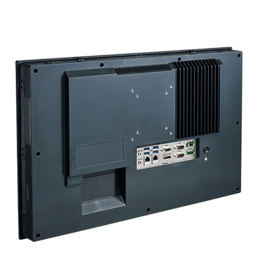 Arrière d'un Panel PC Advantech PPC-3211W montrant les ports et le système de refroidissement.