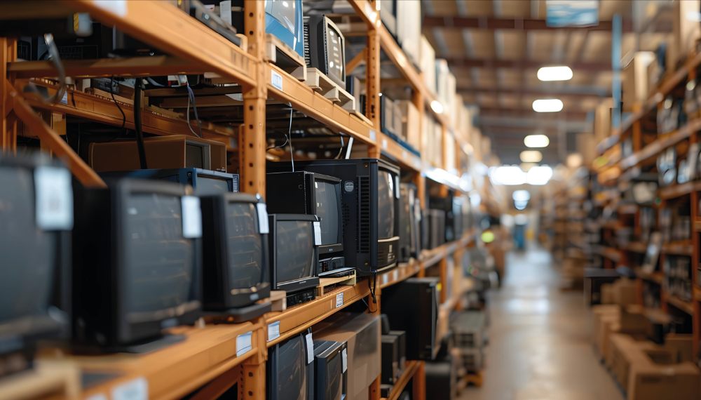 Étagères d'entrepôt remplies de vieux téléviseurs, solution logicielle RFID - ARIIUS.