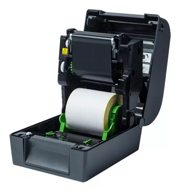 Imprimante de bureau Brother TD4650 ouverte, montrant le rouleau d'étiquettes.