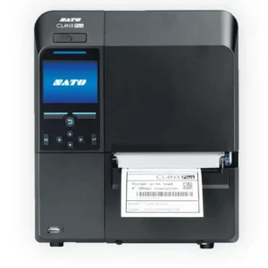 Imprimante industrielle SATO CL4NX Plus imprimant une étiquette. Étiquette avec texte "Thermal print head 4" 305dpi".