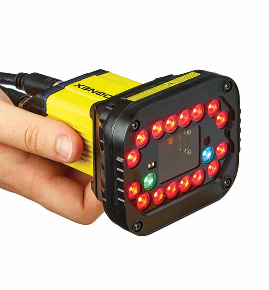 Lecteur fixe Cognex Dataman 370 tenu à la main, éclairage LED rouge et vert.