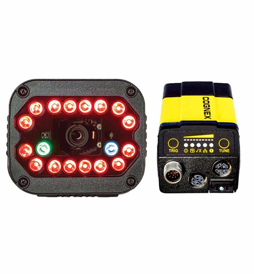 Lecteur fixe Cognex DataMan 370 avec éclairage intégré et module de contrôle.