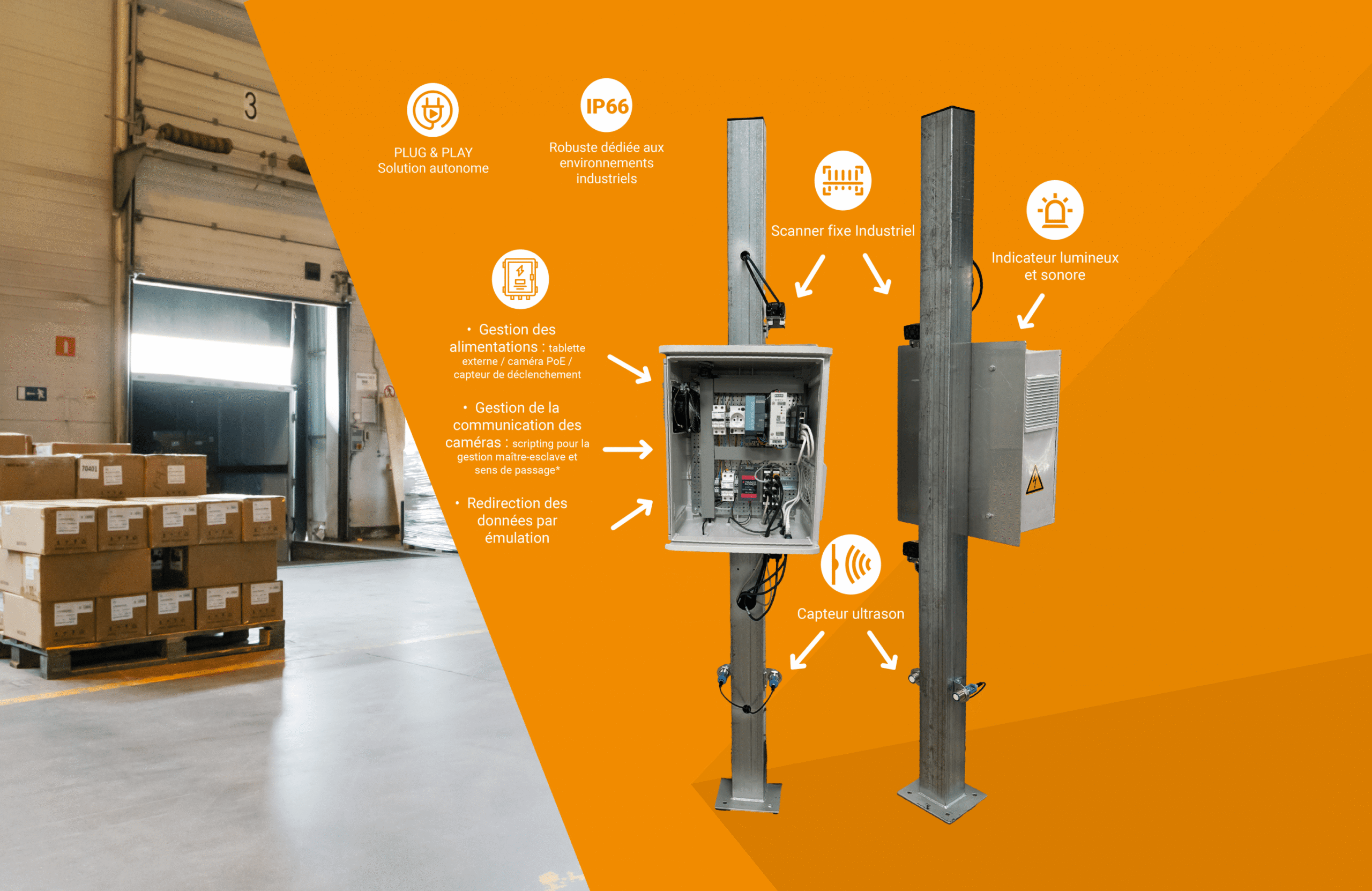 Solution DOCK DOOR: équipement de quai de chargement avec scanner, capteur ultrason et indicateur lumineux.